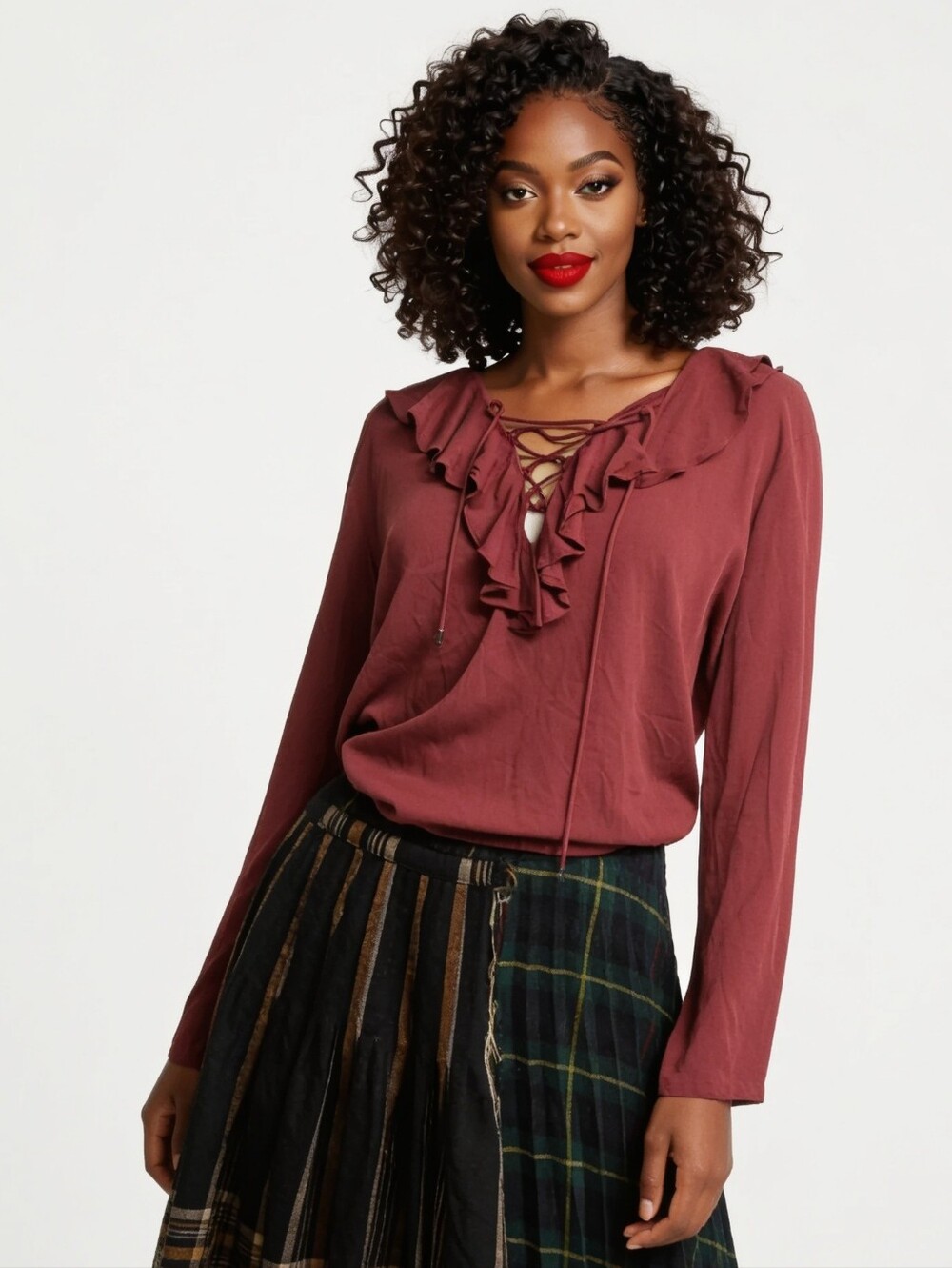Guess Romantic Ruffle Front Lace Front Vneck Burgundy Blouse Size XL*